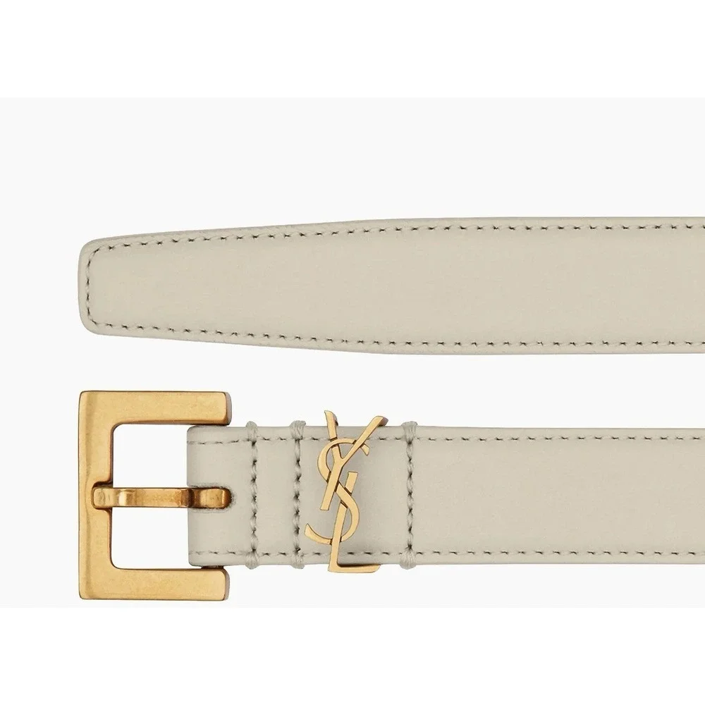 $575 Saint Laurent YSL Cassandre Belt With Square‎ Buckle In Leather White Sz 85